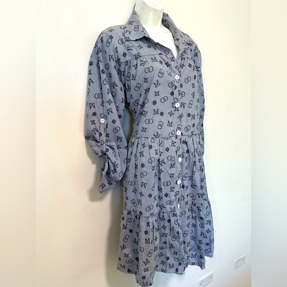 M Print Front Button Navy Blue and White Stripped Dress